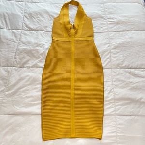 Ginger/Yellow Halter Deep V-Neck Bandage Dress! Women’s Size XS